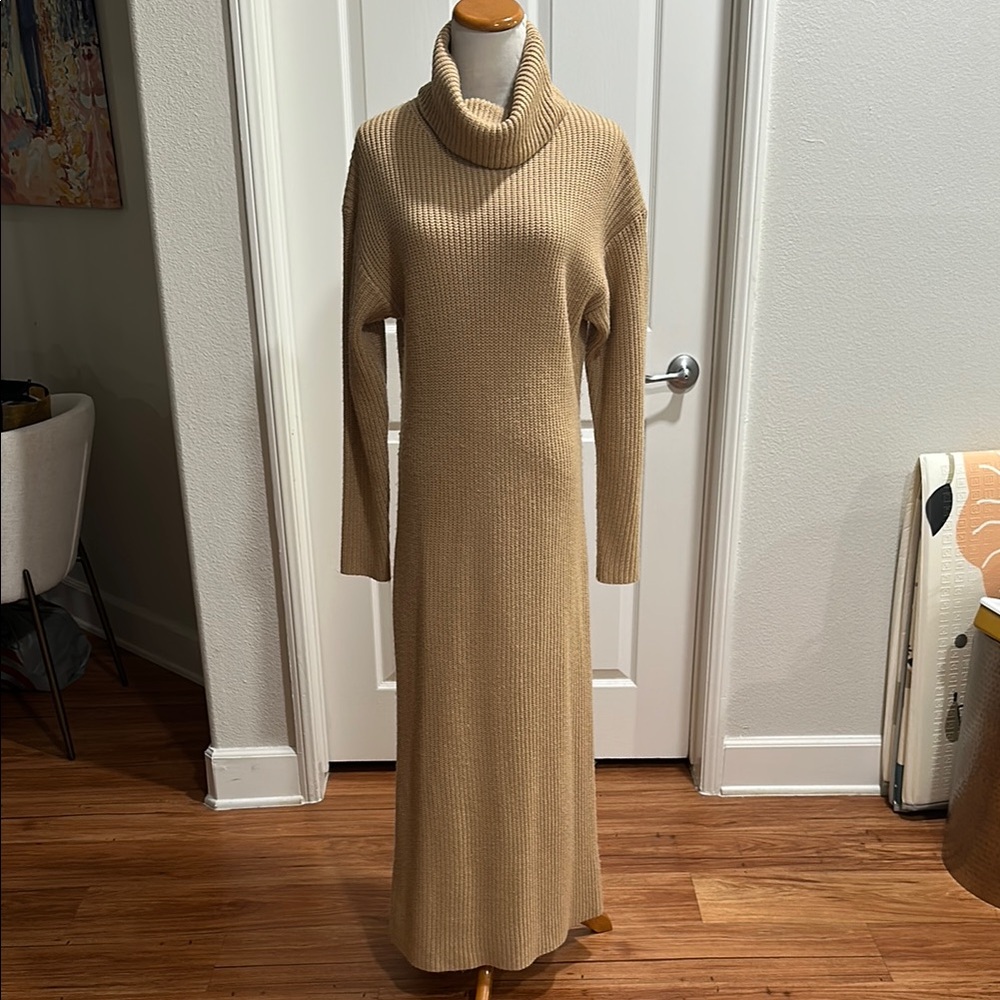 Charles Henry Tan Cowl Neck Long Sleeve Sweater Dress